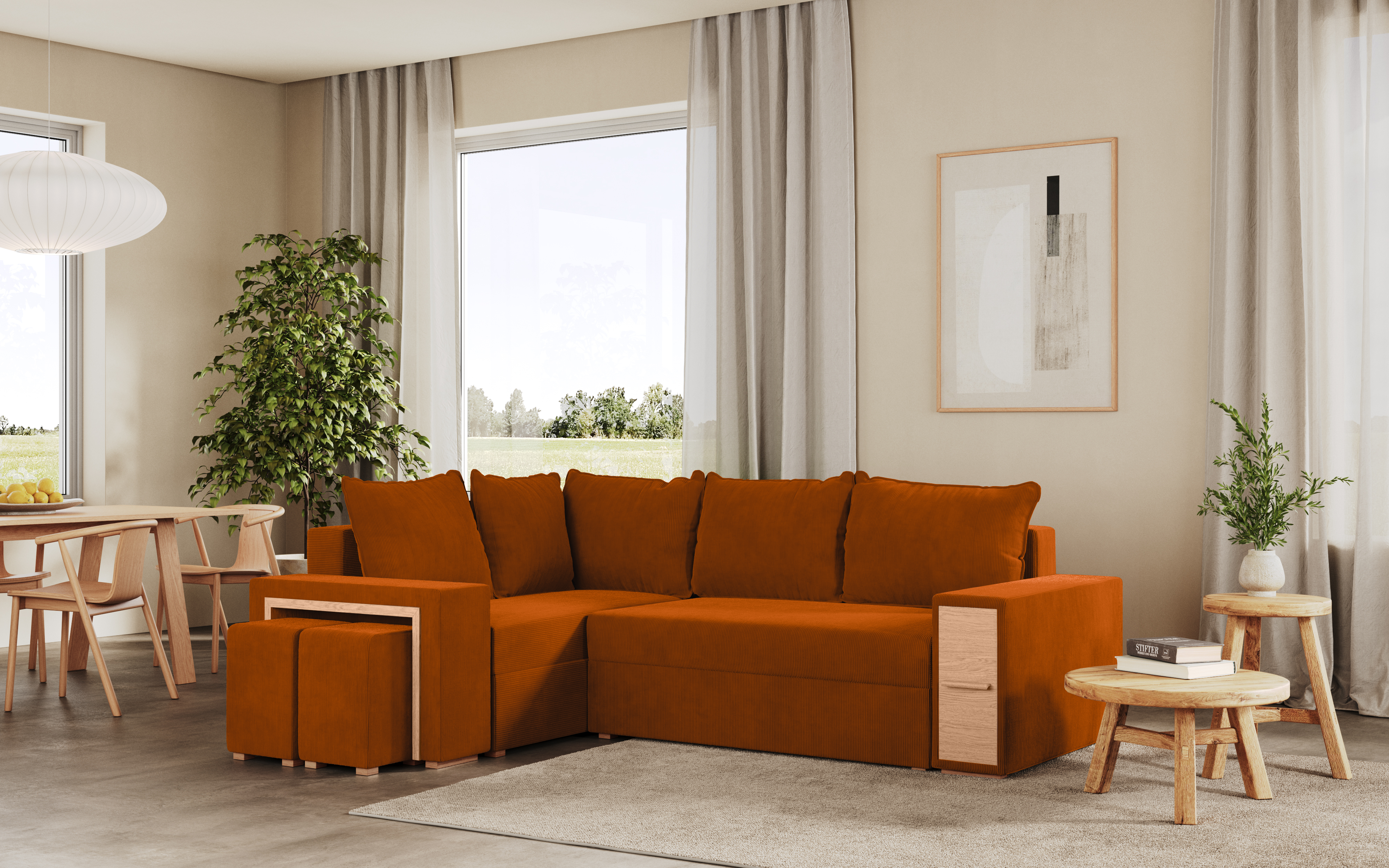 Rohová rozkládací sedačka MAROLA oranžová - CORD 205.11 (1/12)