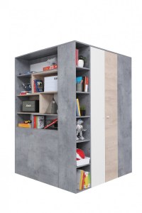 Rohová šatní skříň SIGMA SI1 Beton + bílá lux + dub