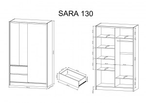 Šatní skříň SARA 130 Bílá + dub sonoma - Rozměry (3/3)